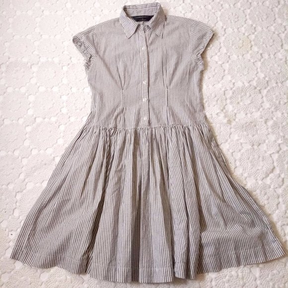 Norma Kamali Dresses & Skirts - Norma Kamali women Large White Blue Ticking Stripe Shirt Dress Cap Sleeve Collar